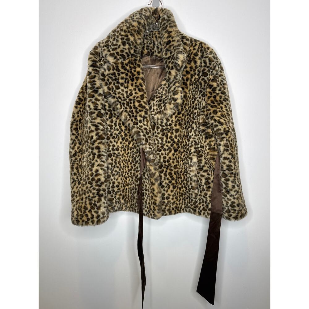 Vintage 2000s Leopard Faux Fur Wrap Coat Jacket With Side Ribbon Tie Large - Picture 16 of 16